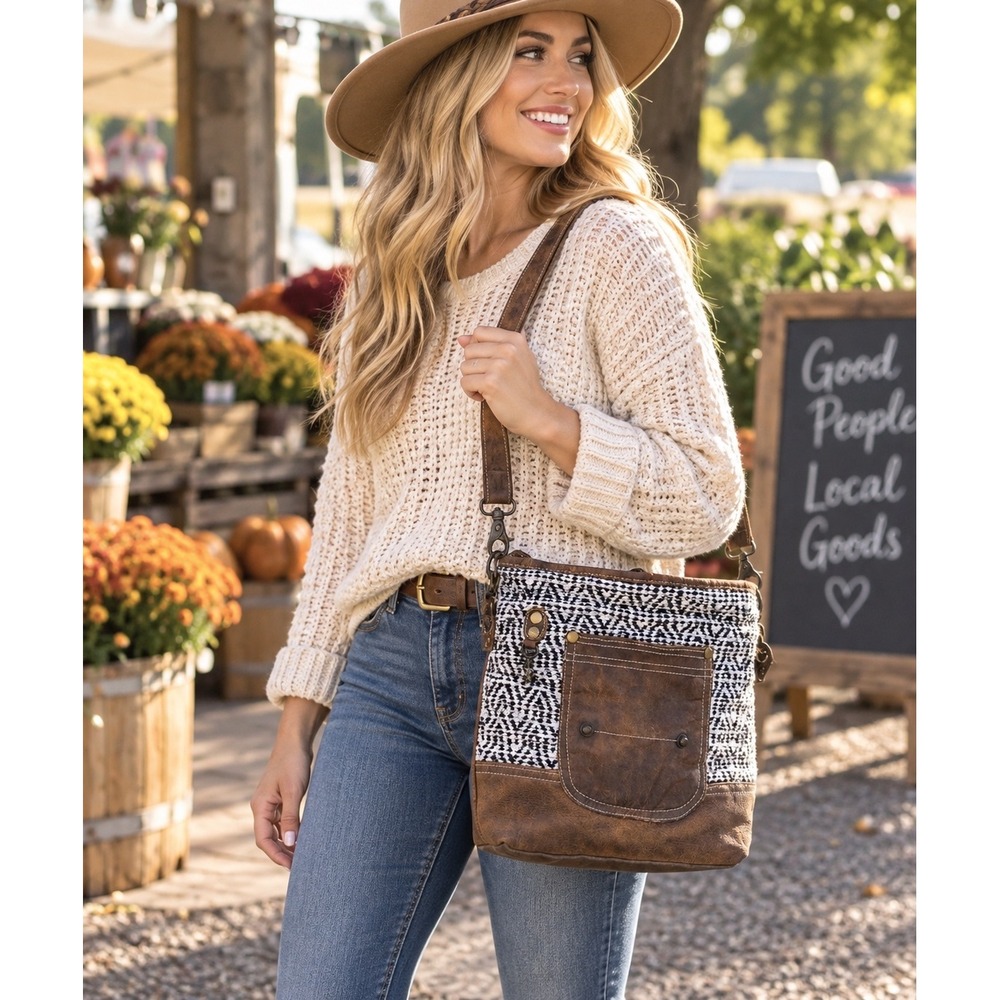 Western Myra Bag Burnt Sienna S-1543 Leather Canvas Boho Crossbody Shoulder Bag